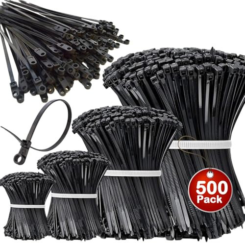 Zip Ties Assorted Sizes Black Zip Ties with Screw Hole 500 Pack 4/6/8/12 Inch Cable Tie with Screw Mounting Hole Plastic Wire Ties Mount Zipties Mounts