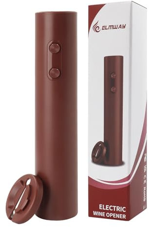 ELMWAY Electric Wine Bottle Opener – Battery-Powered Cordless Automatic Corkscrew with Two-Button Operation, Foil Cutter Included, for Home, Bar & Parties (4 AA Batteries Not Included) – Red