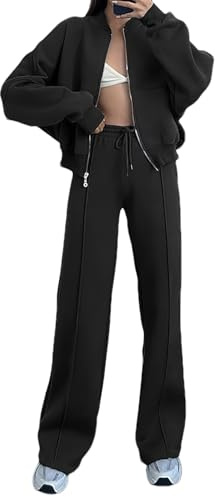 amropi Trainingsanzug Damen Jacke mit Reißverschluss und Jogginghose 2 Stück Kleidungsset Schwarz, L