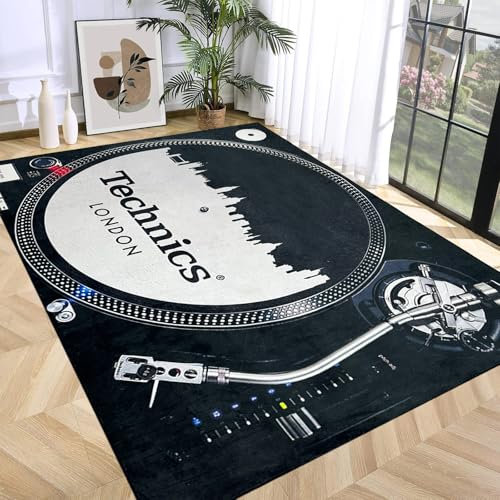 USTIDE Weißer CD-Teppich, Musikzimmer, Schlafzimmer, E-Sport-Zimmer, rutschfest, waschbar, große Bodenmatte, Vintage-Stil, Rock-Punk-Stil, 3D-Schallplatten-Druck, 120 x 180 cm