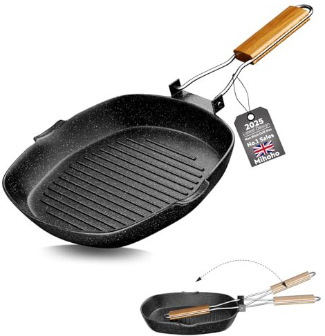 Mihoho Nonstick Grill Pan, 24 CM Large Grilling Skillet Steak Pan for Indoor Cooking, Steak & Bacon Pans for Stove Tops (24 Centimeters)