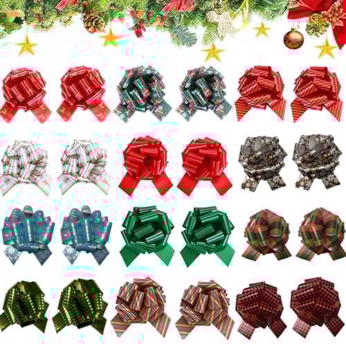 Chexin 24 Stück Weihnachten Geschenkschleife, Große Weihnachten Schleife,Weihnachtsschleifen mit Geschenkband,Weihnachtsbaum Schleifen Deko,Geschenkschleife für Kränze Körbe Blumensträuße Süßigkeiten