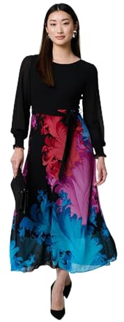 Izabel London Floral Contrast Print Tie Waist Midi Dress for Women UK with Short Sleeves and a Round Neck.