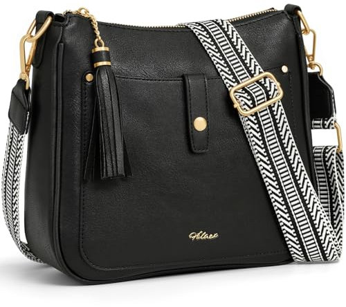 HILAEX Umhängetasche Damen Mittelgroß mit 3 Fächern, Handtasche Damen mit Verstellbar Abnehmbar Breiter Gurt, PU Leder Crossbody Bag für Frauen Schultertasche Schwarz