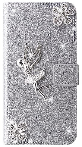 For iPhone 7 Plus/iPhone 8 Plus Case PU Leather Wallet Case Glitter 3D angel diamond Girl Women Cover Case Folio Stand with Closure Card Slots Magnetic Buckle Flip Phone Case,Silver