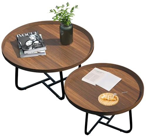 Couchtisch Rund 2er Set | Satztische fürs Wohnzimmer | wohnzimmertisch runder aus Holz mit Metallrahmen | Platzsparendes stapelbares Design (ø70CM+ø50CM) Beistelltisch Set für Wohnzimmer & Büro
