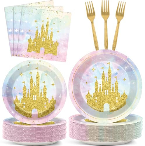 Justforjoyful 200Pcs Princess Castle Birthday Party Supplies Watercolor Pastel Rainbow Plates and Napkins Gold Glitter Tableware Set for Fairytale Baby Shower Party Decorations for 50 Guests