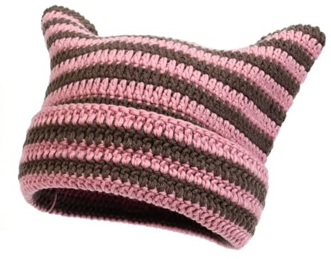 Mütze Für Männer Crochet Hats for Women Handmade Knit Cat Ear Beanie Hat Winter Hat Vintage Goth Russen Kappe (Pink, One Size)