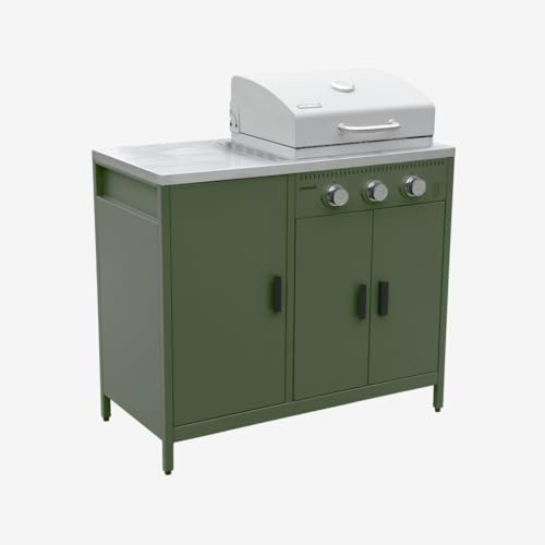 sweeek-Barbacoa de gas con 3 quemadores, 3 puertas y termómetro Verde - 100x51x87.5 cm