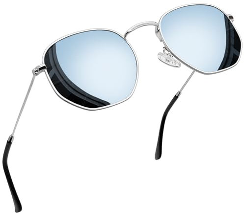 Joopin Polygon Verspiegelte Runde Sonnenbrille Damen Silber Polarisierte und Vintage Sonnenbrille Herren Rund Hippie mit Sechseck Metallrahmen (Silber Verspiegelt)