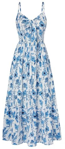 GRACE KARIN Frauen V-Ausschnitt Böhmisch Kleid Casual Sommer Blumenkleid Sommer Urlaub Langes Fließendes Kleid Blaue Blume-Weiß M