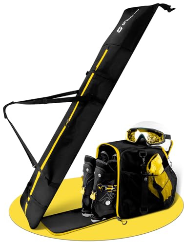 STYNGARD Skitasche Set Skisack [120 cm bis 160 cm] und Skischuhtasche mit Helmfach [40 L] - Skitasche und Stiefeltasche mit Lüftungsgitter - Modell St. Moritz (Schwarz-Gelb)