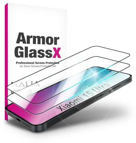 NALIA 2x Schutzglas für Xiaomi 15 Ultra - Hüllenfreundlich, Transparent | Blasenfreie vollflächige Haftung, Schwarzer Rahmen bis zum Bildschirmrand, Reduzierte Fingerabdrücke, ARMORGLASSX