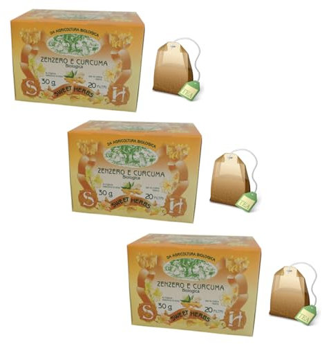 Sweet Herbs® | Tisana Zenzero Curcuma | Infuso Biologico Digestivo Zenzero Curcuma Limone - 3 x 20 Filtri in Singole Bustine (90 Gr)