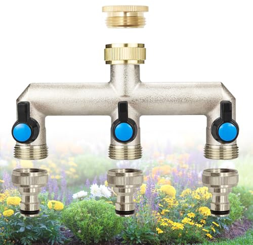 Distributeur d'eau 3 voies pour robinet 3 voies avec 4 adaptateurs de 3/4 vers 1/2, en laiton, avec interrupteur séparé pour cuisine, jardin, machine à laver