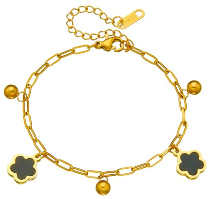 THALASIENE 3 Stück Kleeblatt Armband Gold, 316L Edelstahl Wasserfestes Armband Damen,Bracelet Women,Schwarz Kleeblatt Kette