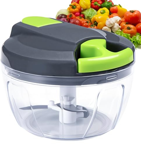 Picadora Manual con Cuerda, Picador de Verduras 520ml de CapacidadCortador de Verduras, 3 Cuchillas de Acero Inox, Picadora de Verduras Manual, Trituradora de Alimentos para Carne, Nueces, Cebolla