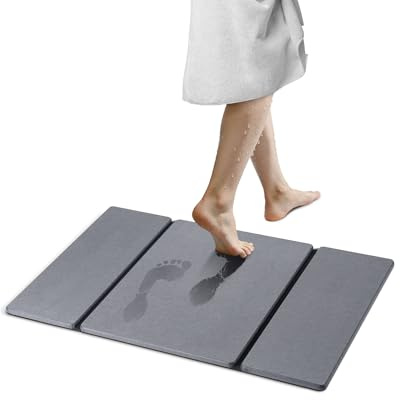 MOWETOO Badematte Stein - Super Absorbierende Diatomit Stone Badezimmerteppich 60 x 39 cm, rutschfest Faltbare Bath Mat Duschvorleger Schnelltrocknend für Badewannen, Badezimmer und Toilette