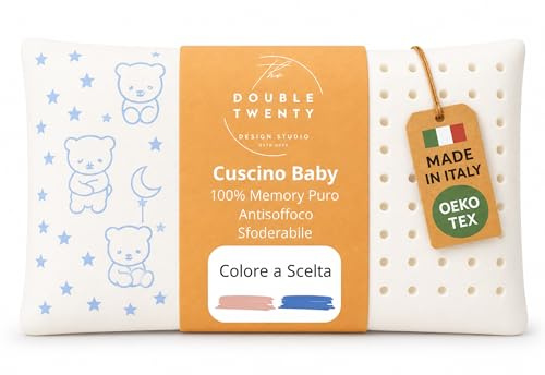 Double Twenty Cuscino Baby Memory Antisoffoco 50x30 cm - Cuscino Neonato 100% Memory Puro Tecnica Millefori - Ipoallergenico Antiacaro Sfoderabile - Made in Italy - Blu