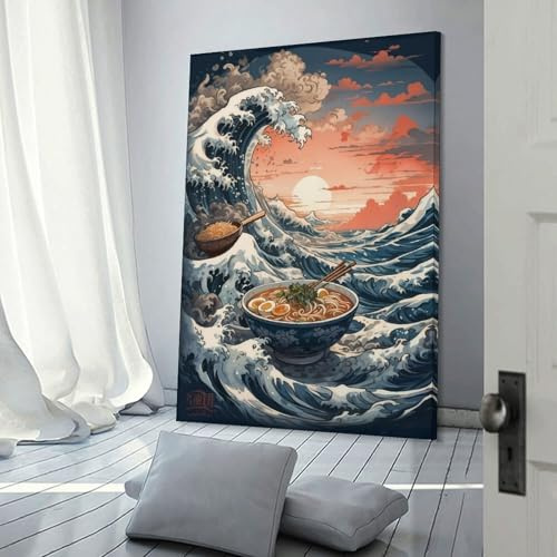 POLIUAWS Tsunami Ramen Wandbilder für Wohnzimmer, Schlafzimmer, Küche, Flur, Treppenhaus, moderne Wandkunst, 40 x 60 cm (16 x 24 Zoll)