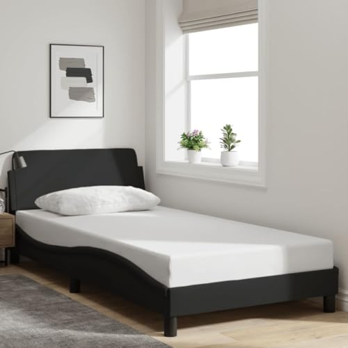 Bucmath Bettgestell Dover Schwarz 100x200 cm Stoff, Modernes Polsterbett mit Kopfteil, Wellenform Design, Stabile Unterstützung für Schlafzimmer, Robustes Holzwerkstoff Gestell