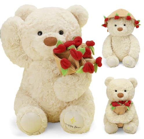 Teddybär 25 cm Stofftier Teddy mit Rose und Hat - Teddy aus Flauschigem Plüsch mit Duft, Stofftier Plüschtier Kuscheltier für Mama, Jungen, Mädchen, Weihnachten, Geburtstag, Valentinstag, Hellbraun