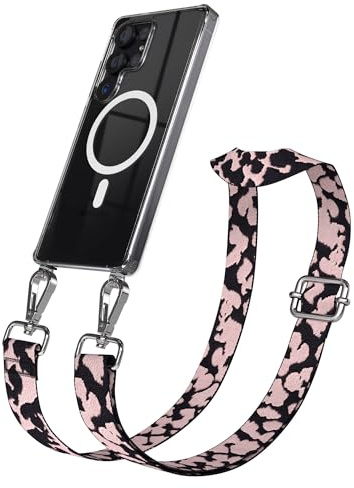 EAZY CASE Handykette - Verstellbares Taschenband kompatibel mit Galaxy S25 Ultra, Schulterriemen, Handykordel mit Silikon Hülle, Qi Charging kompatibel, Umhängetasche, Rosa Camouflage Silber