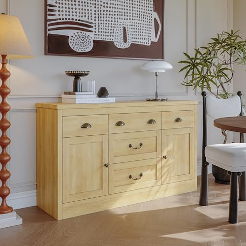 Moderne Kommode Für Wohnzimmer, Sideboard Kommode Schrank 135 cm Breit, Mit Großer Arbeitsplatte, 5 Schubladen, 2 Türen, Anrichte Holz, Beistellschrank Fur Wohnzimmer Esszimmer Küche, 135x40x80cm