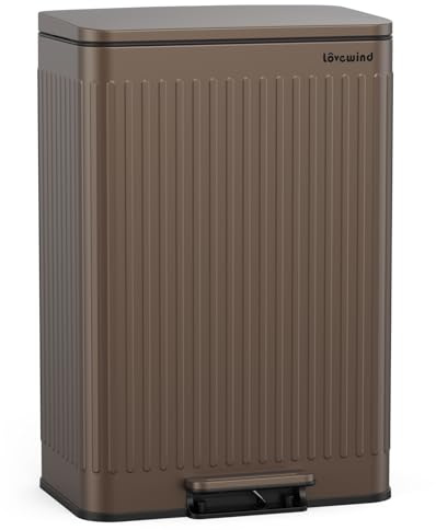 lovewind 60L Large Kitchen Trash Can, Brown Stainless Steel Step Bin with Soft-Close Lid,Inner Buckets with Handles & Bag Fixer, Roman Pattern, Odor-Proof, Easy Clean for 3-6 Person Household