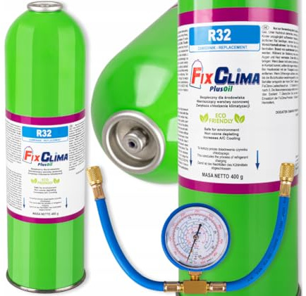 FixClima R32 Kit di Ricarica per Condizionatori – 400g Refrigerante di Ricambio PlusOil con Manometro e Tubo – Kit Fai-Da-Te per Condizionatori Domestici, Apparecchiature Split e Condizionatori Mobili