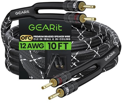 GearIT 12AWG Speaker Cable Wire with Gold-Plated Banana Tip Plugs (10 Feet) in-Wall CL2 Rated, Heavy Duty Braided, 99.9% Oxygen-Free Copper (OFC) - Black, 10ft