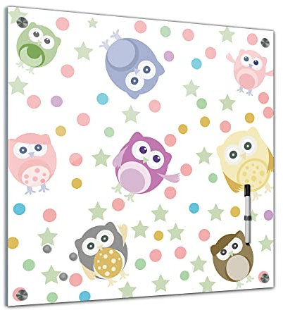 Bilderdepot24 Memoboard 40 x 40 cm | Kindermotiv | bunte Eulen | abwaschbare Glas-Magnettafel mit Halterung Magneten Stift | 1330b