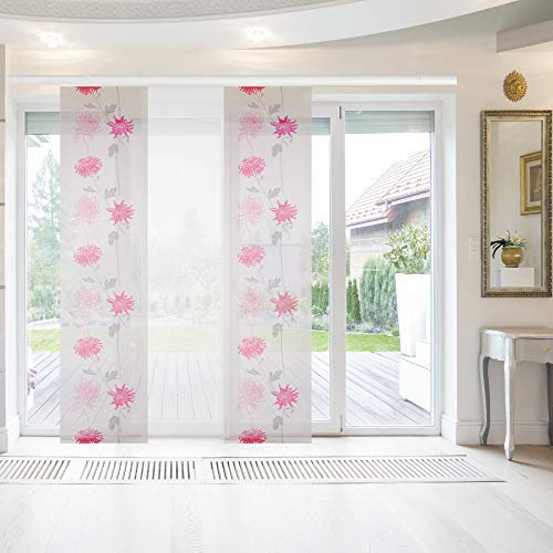 Bestlivings Elena Lot de 3 panneaux japonais avec impression/motif 60 x 260 cm (l x h) - Motif floral framboise - Avec accessoires - Rideau coulissant avec imprimé