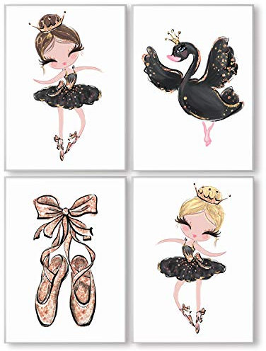 Pandawal Kinderzimmer deko Mädchen Wandbilder Ballerina mit Krone/Schwan Schwarz Gold Bilder 4er Poster Set (T8) im DIN A4 Format…