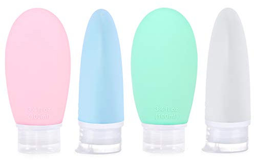 JZF 100 ml Portable Travel Bottles, 4 Pack Leak Proof Refillable Squeezable 3.4 fl. oz Silicone Tubes Travel Size Toiletries Containers, Carry On Travel Accessories for Shampoo Liquids