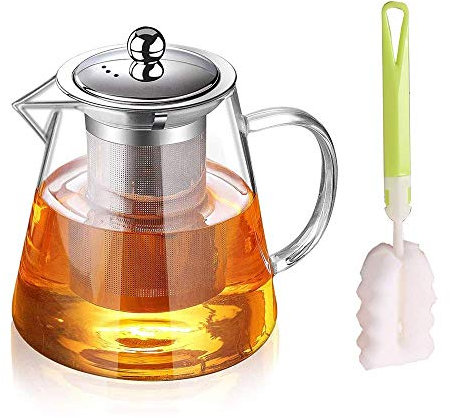 Teiera in vetro trasparente, teiera in vetro con filtro in acciaio inox, con Filtro Asportabile e Lavabile per tè Profumati Teiera Vetro con infusore,Teiera per Tisane 750ML