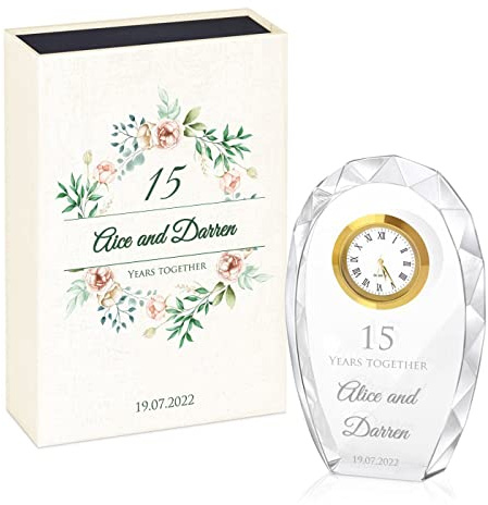 Maverton Crystal Statuette with clock - Personalized plaque - Glass clock keepsake with engraving - Great gift idea - Gift for couples - ANNIVERSARY