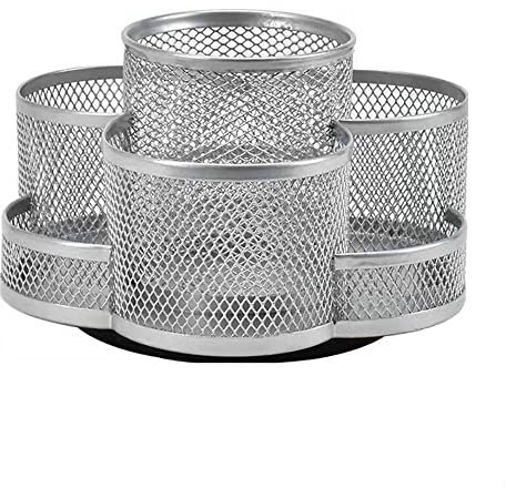Kaizuca 360° Rotation Multi Functional Pen Holder, Mesh Desktop Caddy, Rotating Pencil Holder, High Capacity, with Non Skid Rubber Mat, 7 Compartments, for Office Storage, Dressing Table (Silver)