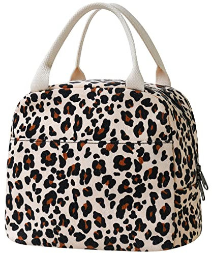 EurCross Leopard Canvas Insulated Lunch Cool Bag for Adults Women Ladies Work, Chic Lunch Box Tote Bag for Girls School or Outdoor Picnic Daily Use