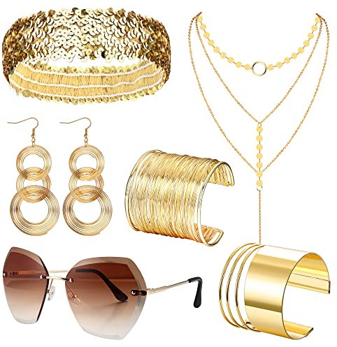 JeweBella 7 Stück 1970er Disco Accessoires Kostüm Schmuck Set Damen Gold Randloser Diamantschliff Sonnenbrille Geschichtete Choker Halskette Disco Ohrringe Manschette Armreif Pailletten Stirnband