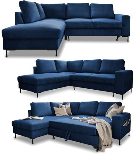 MIUFORM Ecksofa mit Schlaffunktion, Lofty Lilly Wohnlandschaft L-Form, Couch L Form Wohnladschaft mit Schlaffunktion Schlafcouch, Sofa Cord Metallfüße (Navy blau, Links ausgerichtet)