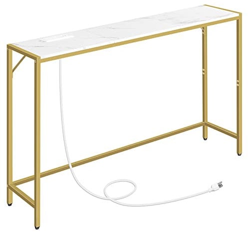MAHANCRIS Console Table, Narrow Sofa Table, 43.3” Entrance Table with Power Station, Behind Couch Table, Simple Style, for Living Room, Hallway, Entryway, Foyer, Marble and Gold CTJM112E01
