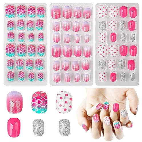 Obidodi 72pcs Kids False Nails, Girls Press on Nails Short Full Cover Fake Nail Kits, Kids Stick on Nails Girls Children Nail Design Decoration, False Nails for Kid Kit, 1.0 count,Pack of 1