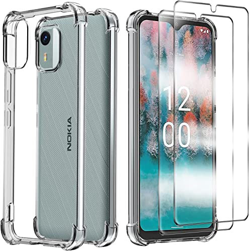 Anlxhj für Nokia C12 Hülle,mit 2 Stück Displayschutz Schutzfolie,Handyhülle Transparente Soft Silikon TPU Schutzhülle Bumper Case für Nokia C12 / C12 Pro / C12 Plus, Durchsichtig