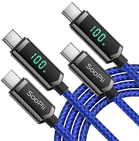 SOOPII 100W USB C to USB C Cable, [ 10FT, 2Pack ] Nylon Braided Type-C Cable with LED Display for lPhone 15/15 Plus, MacBook Pro, Galaxy S22/S10, (Blue)