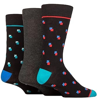 SockShop Wildfeet Mens Patterned, Spots and Stripes Bamboo Socks Pack of 3 (7-11, Square Spots Black)
