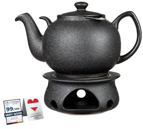 Teekanne mit Stövchen Steinzeug 1.6 L (Schwarz) mit Edelstahl Sieb. Keramik Teapot Liverpool tropffrei mit Siebeinsatz