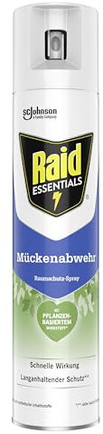 Raid Essentials Mückenschutz Raumschutz-Spray, natürlicher Schutz mit pflanzlichen Wirkstoffen, geruchsneutral, bis zu 4 Stunden wirksam, 300 ml Sprayflasche