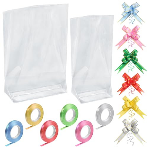 XYGK 80 Pcs Clear Cellophane Bags, 2 Sizes Sweet Party Gift Treat Bags with 120 Bows and 6 Ribbons for Candy Cookie Bread Cupcake Birthday Wrapping Toy Christmas and Festivals