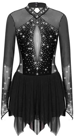 iEFiEL Glitzer Eiskunstlauf Kleid Damen Langarm Kürkleid Strasssteine Rollkunstlaufkleid Leotard Tanzanzug Wettbewerb Tanzkostüm Xb Schwarz M